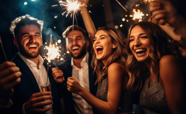 Fröhliche Gruppe von Freunden hält brennende Wunderkerzen in der Hand und lacht ausgelassen bei einer glamourösen Silvesterparty. © 